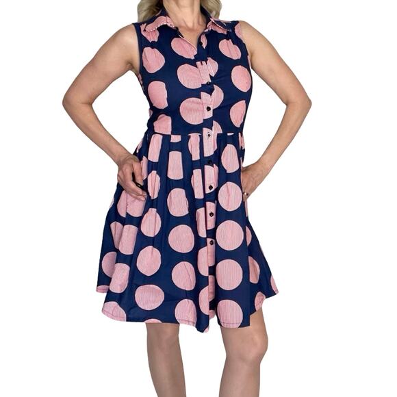 Frock Shop Halter Shirt Dress | Navy Pink Polka Dot | M (Fits S) | Vintage Y2K - Picture 4 of 12